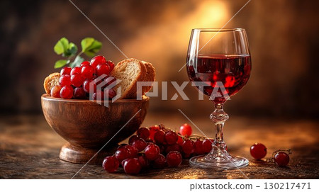 Red grapes cluster with wine glass on wooden bowl, rustic harvest composition 130217471