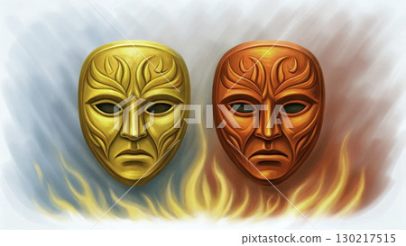 Colorful masks representing contrasting emotions displayed with intricate designs 130217515