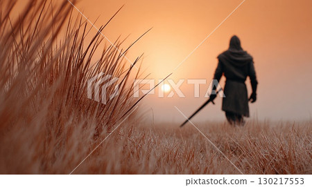 Hooded warrior with sword at sunrise Hooded warrior with sword at sunrise 130217553
