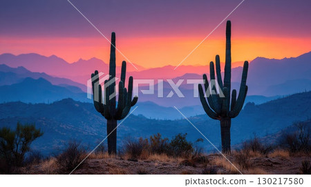 Scenic desert landscape with cactus at colorful sunset 130217580