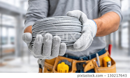 Steel Cable Roll in Hands 130217643