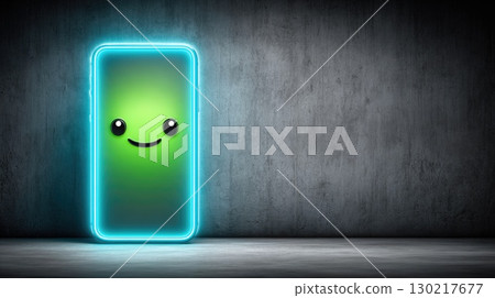 Futuristic Green Smartphone with Neon Glow and Smiley Face Futuristic Green Smartphone with Neon Glow and Smiley Face 130217677
