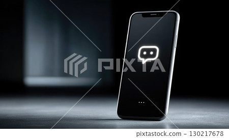 Black Smartphone with White Glowing Chat Bubble Icon Black Smartphone with White Glowing Chat Bubble Icon 130217678