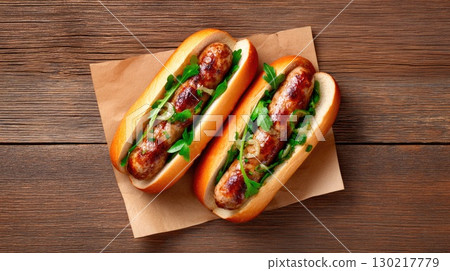 Grilled Sausage Hot Dogs with Greens 130217779