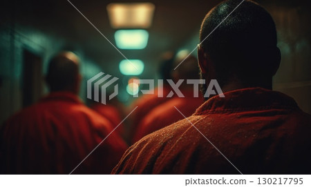 Prisoners Walking in Dark Prison Hall Prisoners Walking in Dark Prison Hall 130217795