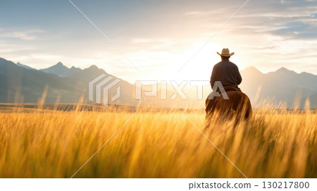 Cowboy Riding Horse at Sunset Cowboy Riding Horse at Sunset 130217800