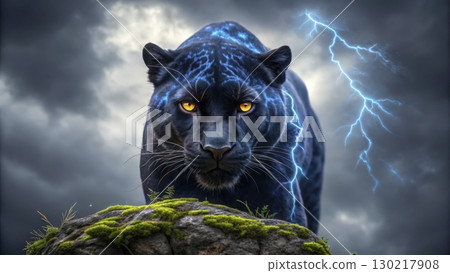 Majestic black panther with glowing eyes amidst a stormy sky and lightning Majestic black panther with glowing eyes amidst a stormy sky and lightning 130217908