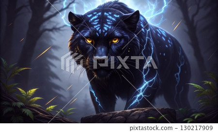 Black panther surrounded by lightning in an enchanted forest at dusk 130217909