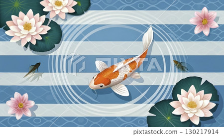 Koi fish swimming among water lilies in a serene pond with blue abstract patterns 130217914