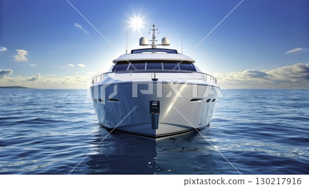 Luxury yacht docked on calm waters with clear skies and vibrant sunlight during a serene afternoon 130217916