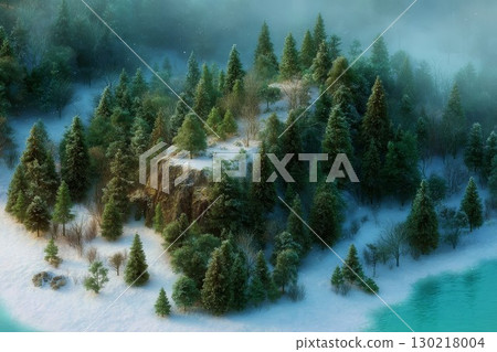 Snowy forest with frosty trees and soft light. Calm winter 3D landscape with peaceful natural mood. 130218004
