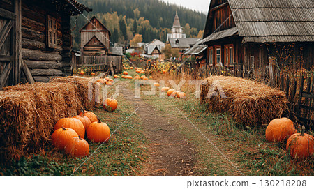 Village path with pumpkins and hay bales, rustic autumn countryside scene. High quality photo 130218208