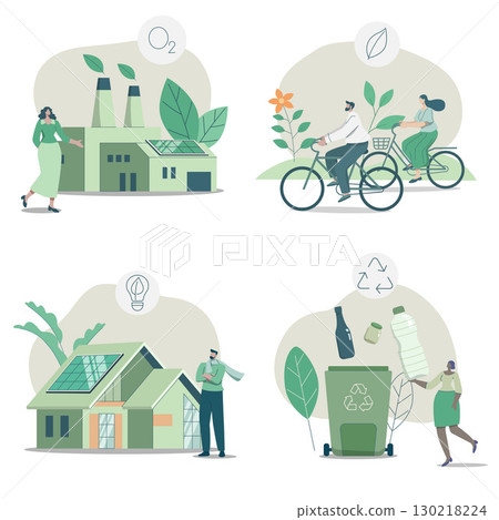 Eco friendly sustainable, Environmental conservation factory, people choose riding bicycles, Modern ecology house and solar panels, Waste recycling project, Eco friendly sustainable, Environmental conservation factory, people choose riding bicycles, Modern ecology house and solar panels, Waste recycling project, 130218224
