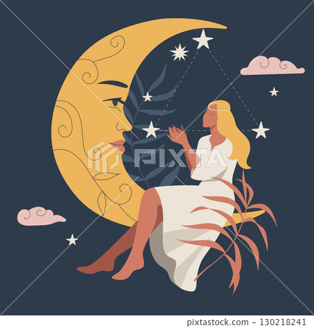Abstract boho woman with black magic and magic In the night sky with moon and stars 130218241