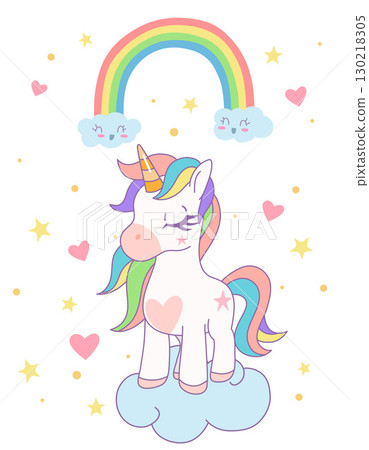 Cute rainbow unicorn standing on the cloud with rainbow and star in the sky.  130218305