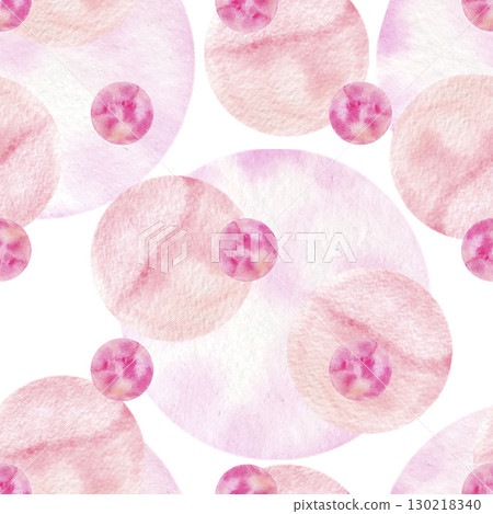 Seamless pattern with abstract pink circles, hand-drawn in watercolor. 130218340
