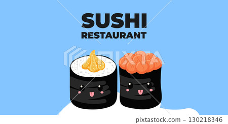 Vector illustrated advertising web and desktop banner with Japanese cuisine, traditional Asian food including sushi and rolls, perfect for Asian restaurant branding, menu design, and promotional Vector illustrated advertising web and desktop banner with Japanese cuisine, traditional Asian food including sushi and rolls, perfect for Asian restaurant branding, menu design, and promotional 130218346