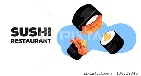 Vector illustrated advertising web and desktop banner with Japanese cuisine, traditional Asian food including sushi and rolls, perfect for Asian restaurant branding, menu design, and promotional 130218349