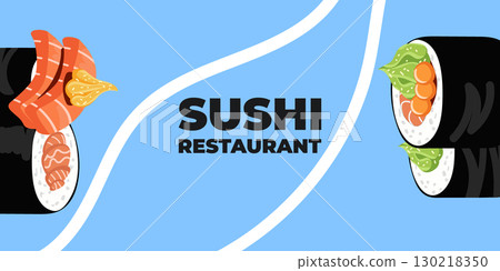 Vector illustrated advertising web and desktop banner with Japanese cuisine, traditional Asian food including sushi and rolls, perfect for Asian restaurant branding, menu design, and promotional 130218350
