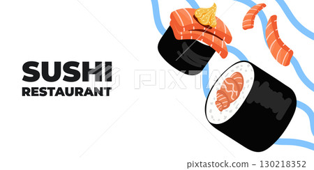 Vector illustrated advertising web and desktop banner with Japanese cuisine, traditional Asian food including sushi and rolls, perfect for Asian restaurant branding, menu design, and promotional 130218352