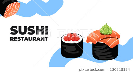 Vector illustrated advertising web and desktop banner with Japanese cuisine, traditional Asian food including sushi and rolls, perfect for Asian restaurant branding, menu design, and promotional Vector illustrated advertising web and desktop banner with Japanese cuisine, traditional Asian food including sushi and rolls, perfect for Asian restaurant branding, menu design, and promotional 130218354