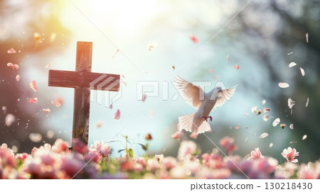 Cross symbolizing the death and resurrection of Jesus Christ, spring flowers 130218430