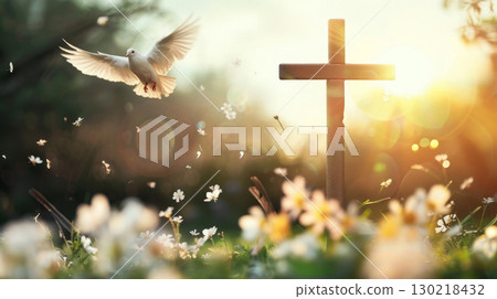 Cross symbolizing the death and resurrection of Jesus Christ, spring flowers 130218432