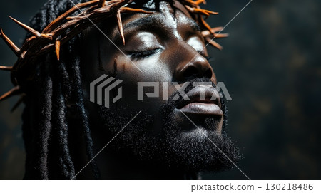 Jesus in crown of thorns with red drops on his face 130218486