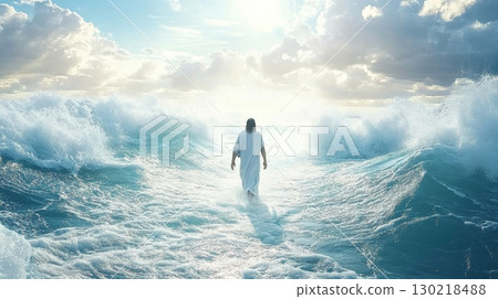 Spiritual figure walking on water amidst a vast and turbulent sea. 130218488