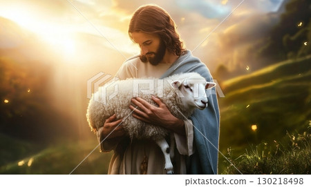 Shepherd Jesus, man guarding his sheep 130218498