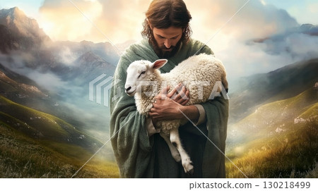Shepherd Jesus, man guarding his sheep 130218499