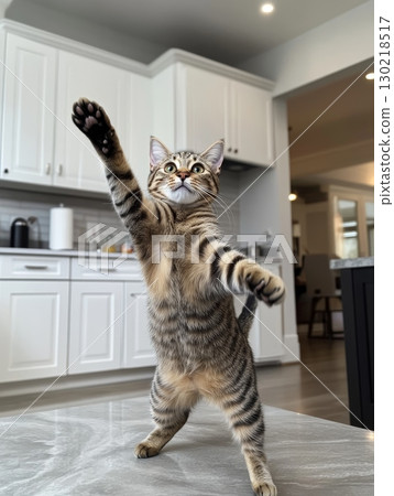 A playful cat gracefully leaps and bounds in a modern kitchen setting filled with stylish designs and decor 130218517