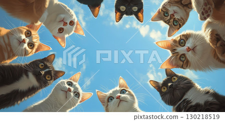 A Whimsical Gathering of Delightful Cats Captured from Above, Showcasing Their Playfulness and Charm 130218519