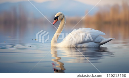 Elegant swan on calm lake, smooth glide, symmetrical reflection, meditative ambience Elegant swan on calm lake, smooth glide, symmetrical reflection, meditative ambience 130218568