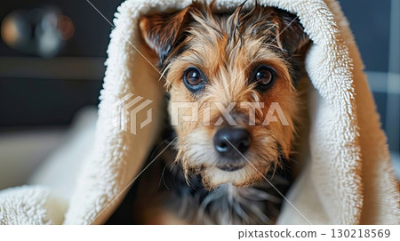 dog in bathrobe and towel on head, funny pet after bath dog in bathrobe and towel on head, funny pet after bath 130218569