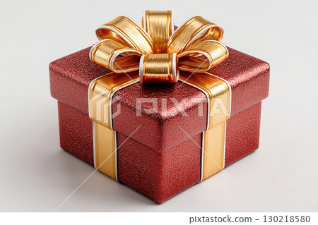 Luxury packaging. Classic Red Gift Box with Gold bow on white background. Representing Christmas. 130218580