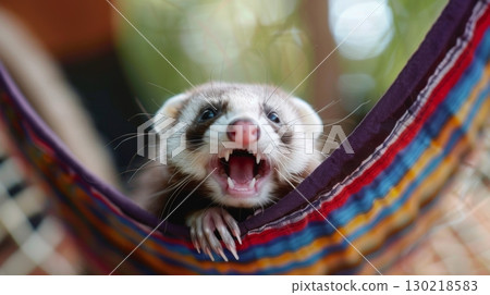 Charming portrait of a cute ferret in sunlight with bokeh background, capturing its lovely and innocent expression 130218583