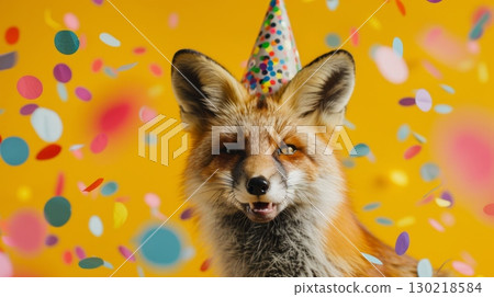 A joyful fox is celebrating while wearing a festive party hat and surrounded by colorful confetti, adding cheerfulness 130218584