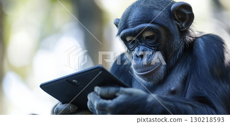 A Curious Chimpanzee Actively Engaged with a Tablet Device While in Its Natural Environment Outdoors 130218593