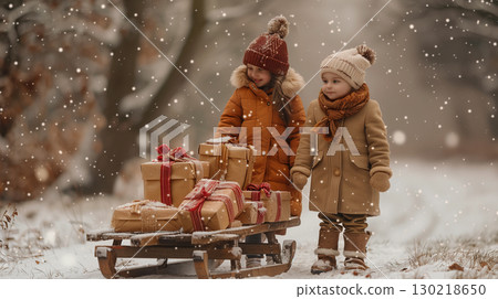 Two little children in vintage winter clothes, standing by wooden sled with Christmas presents 130218650