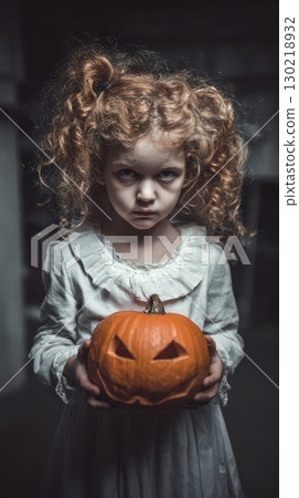 Young girl holding pumpkin in eerie setting 130218932