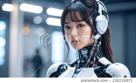商業系列：年輕美麗的女性人形機器人的肖像 130218971