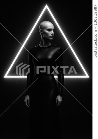 Striking black-and-white portrait of a superhuman with shaved head in sleek dress, lit by glowing triangular light. Futuristic, geometric, minimal, and visually bold. Illustration 130218997