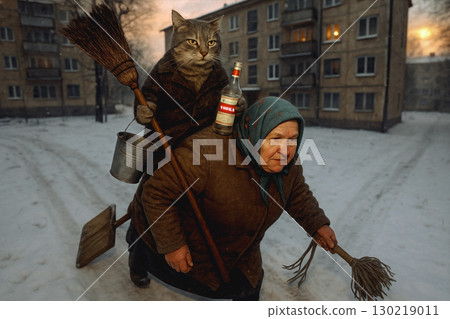 Old Russian cat with vodka bottle rides a babushka in a scarf and coat through a snowy Khrushchevka courtyard at sunrise. Cat holds a broom and bucket; babushka drags a shovel and mop. Hyper-realistic Old Russian cat with vodka bottle rides a babushka in a scarf and coat through a snowy Khrushchevka courtyard at sunrise. Cat holds a broom and bucket; babushka drags a shovel and mop. Hyper-realistic 130219011