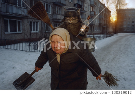 Old Russian cat with vodka bottle rides a babushka in a scarf and coat through a snowy Khrushchevka courtyard at sunrise. Cat holds a broom and bucket; babushka drags a shovel and mop. Hyper-realistic 130219012