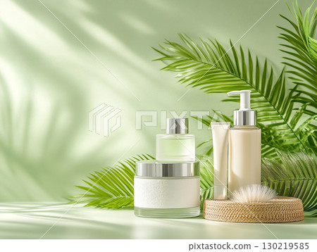 Organic skin care and spa concept with green palm leaves. AI Generated. 130219585