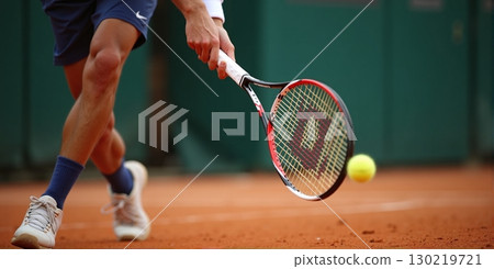 A tennis racket swings mid-action, with the ball in sharp focus, capturing the intensity and speed of the game. A tennis racket swings mid-action, with the ball in sharp focus, capturing the intensity and speed of the game. 130219721