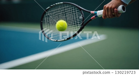 A tennis racket swings mid-action, with the ball in sharp focus, capturing the intensity and speed of the game. 130219723