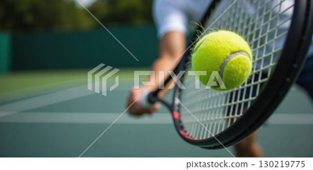 A tennis racket swings mid-action, with the ball in sharp focus, capturing the intensity and speed of the game. 130219775