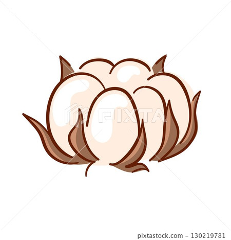 Flat style logo of a cotton boll with fluffy white fibers and brown shell isolated on white background for textile agriculture and organic product design. Flat style logo of a cotton boll with fluffy white fibers and brown shell isolated on white background for textile agriculture and organic product design. 130219781